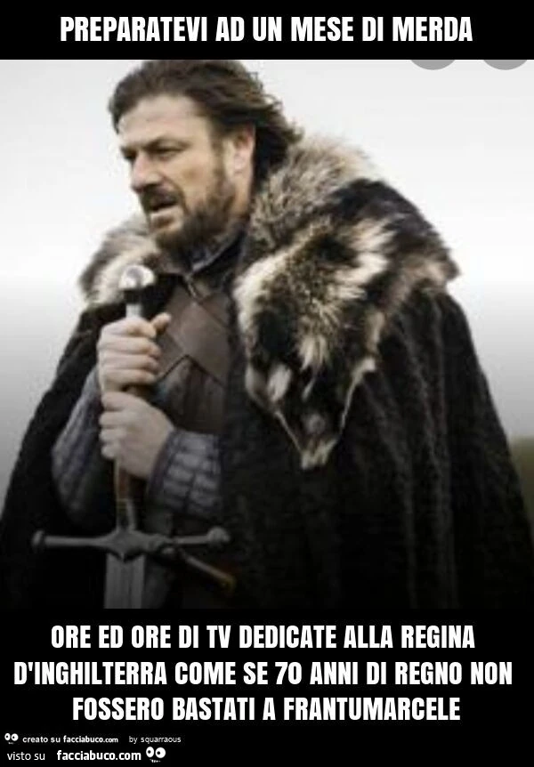 Preparatevi ad un mese di merda ore ed ore di tv dedicate alla regina d'inghilterra come se 70 anni di regno non fossero bastati a frantumarcele