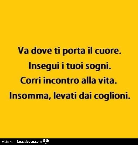 Va dove ti porta il cuore. Insegui i tuoi sogni. Corri incontro alla vita. Insomma, levati dai coglioni