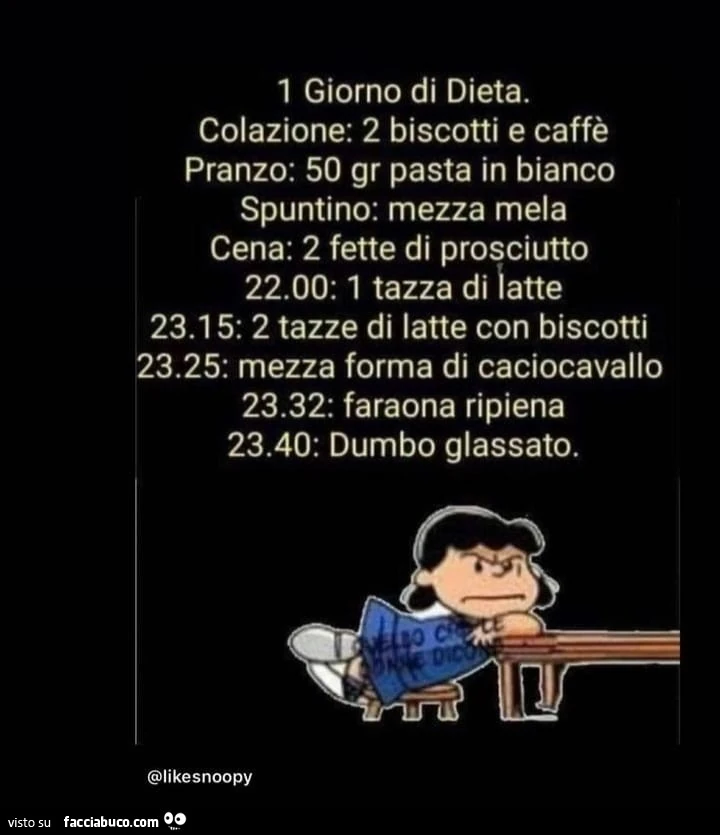1 giorno di dieta. Colazione: 2 biscotti e caffè. Pranzo: 50 gr pasta in bianco. Spuntino: mezza mela