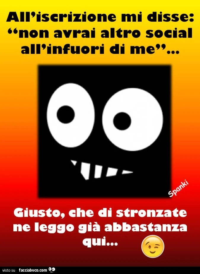 All'iscrizione mi disse: non avrai altro social all'infuori di me&hellip; giusto, che di stronzate ne leggo già abbastanza qui