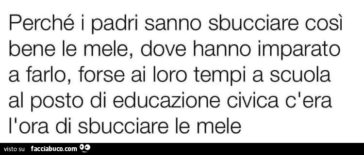 Perché i padri sanno sbucciare così bene le mele, dove hanno imparato a farlo, forse ai loro tempi a scuola al posto di educazione civica c'era l'ora di sbucciare le mele