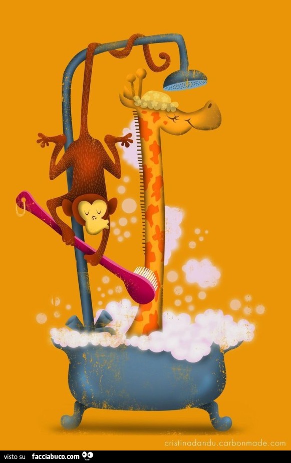 Scimmietta spazzola il collo della giraffa sotto la doccia