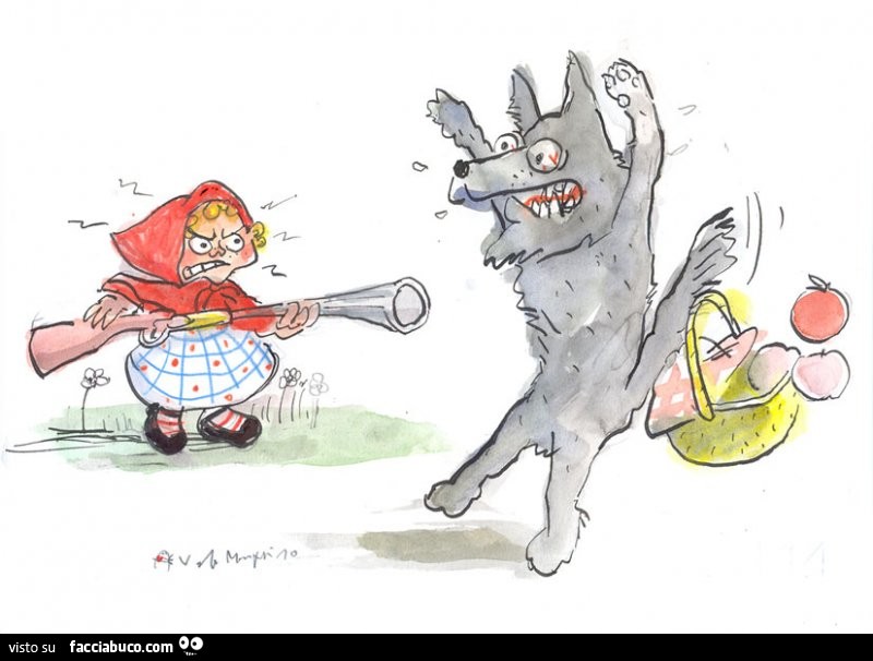 Cappuccetto Rosso minaccia il lupo con il fucile