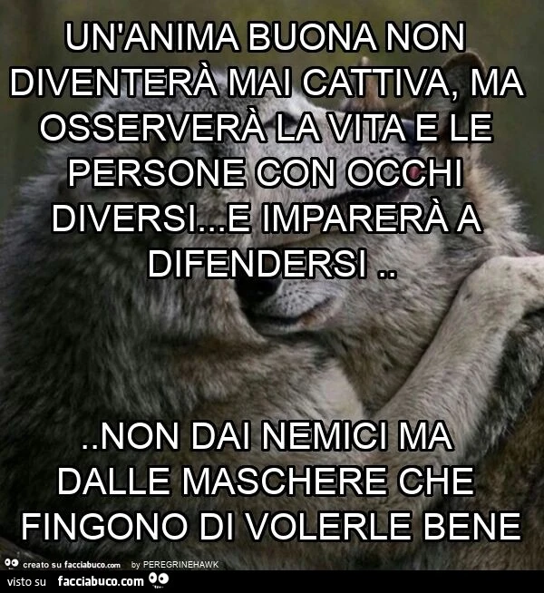 Un'anima buona non diventerà mai cattiva, ma osserverà la vita e le persone con occhi diversi&hellip; e imparerà a difendersi&hellip; non dai nemici ma dalle maschere che fingono di volerle bene