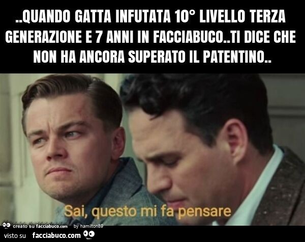 Quando gatta infutata 10° livello terza generazione e 7 anni in facciabuco. Ti dice che non ha ancora superato il patentino