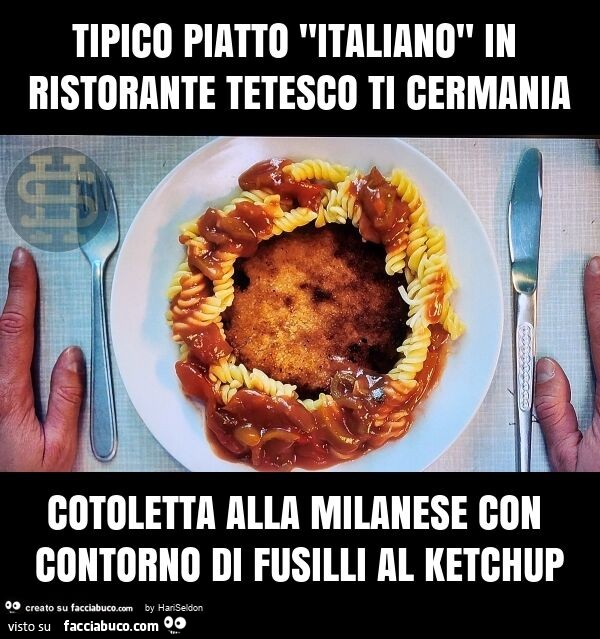 Tipico piatto "italiano" in ristorante tetesco ti cermania cotoletta alla milanese con contorno di fusilli al ketchup