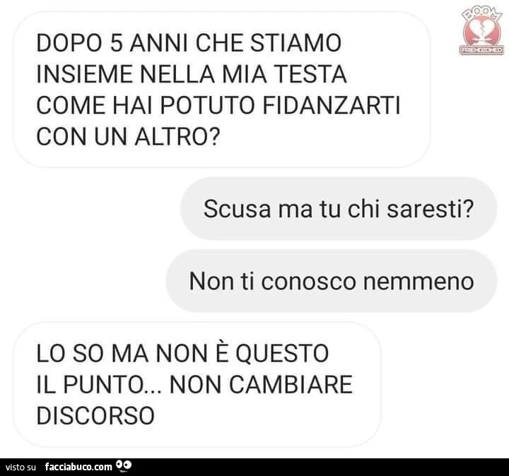 Dopo 5 anni che stiamo insieme nella mia testa come hai potuto fidanzarti con un altro? Scusa ma tu chi saresti? Non ti conosco nemmeno. Lo so ma non è questo il punto&hellip; non cambiare discorso