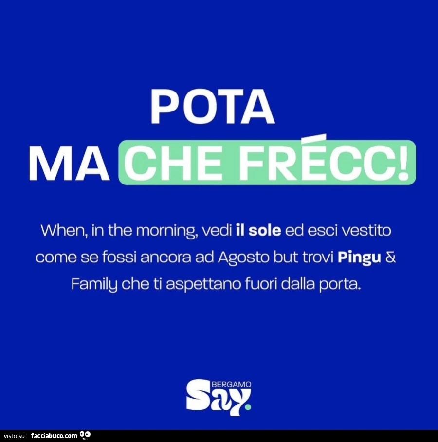 Pota ma che frècc when, in the morning, vedi il sole ed esci vestito come se fossi ancora ad agosto but trovi pingu & family che ti aspettano fuori dalla porta