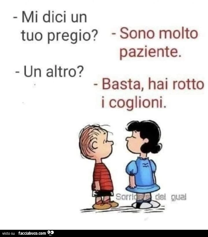 Mi dici Un tuo pregio? Sono molto paziente. Un altro? Basta, hai rotto i coglioni