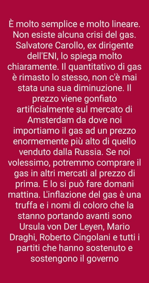 È molto semplice e molto lineare. Non esiste alcuna crisi del gas. Salvatore Carollo, ex dirigente dell'ENI, lo spiega molto chiaramente. Il quantitativo di gas è rimasto lo stesso, non c'è mai stata una sua diminuzione
