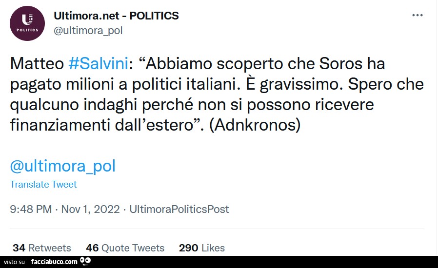 Matteo Salvini: abbiamo scoperto che soros ha pagato milioni a politici italiani. E gravissimo. Spero che qualcuno indaghi perché non si possono ricevere finanziamenti dall'estero