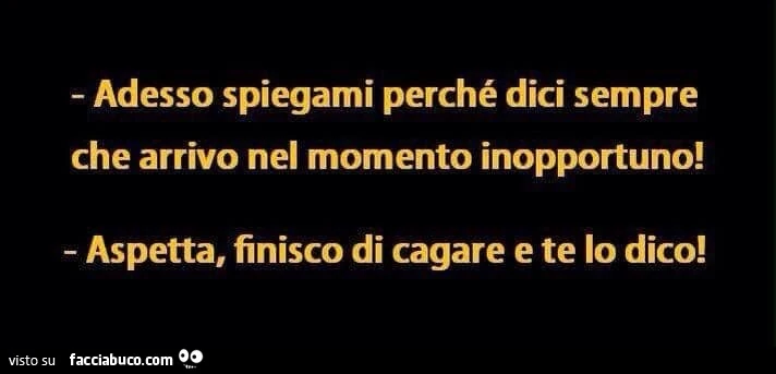 Adesso spiegami perché dici sempre che arrivo nel momento inopportuno! Aspetta, finisco di cagare e te lo dico