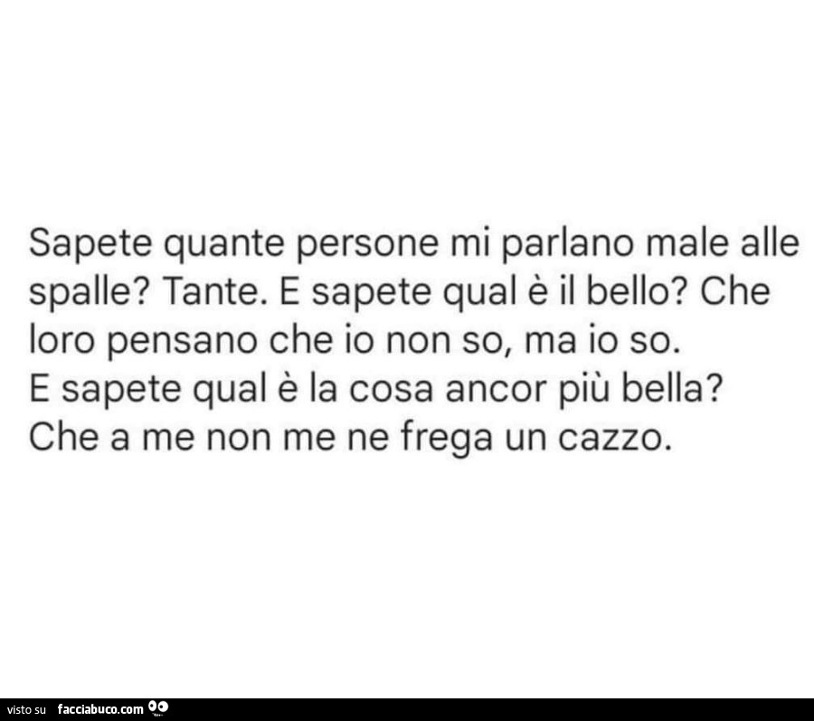 Sapete quante persone mi parlano male alle spalle? Tante. E sapete qual è il bello? Che loro pensano che io non so, ma io so. E sapete qual è la cosa ancor più bella? Che a me non me ne frega un cazzo
