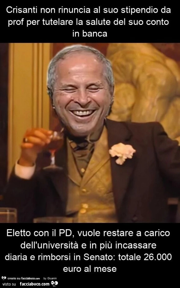 Crisanti non rinuncia al suo stipendio da prof per tutelare la salute del suo conto in banca eletto con il pd, vuole restare a carico dell'università e in più incassare diaria e rimborsi in senato: totale 26.000 euro al mese
