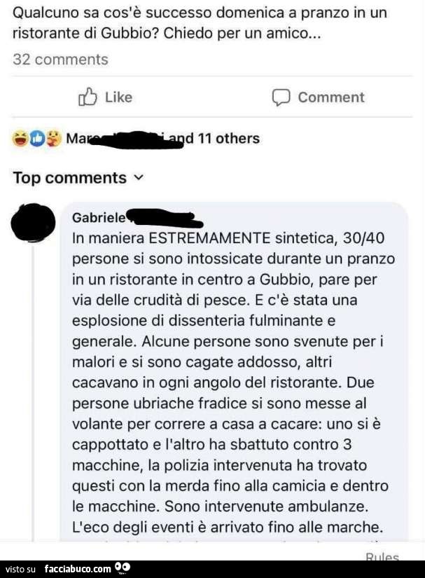 Qualcuno sa cos'è successo domenica a pranzo in un ristorante di gubbio?