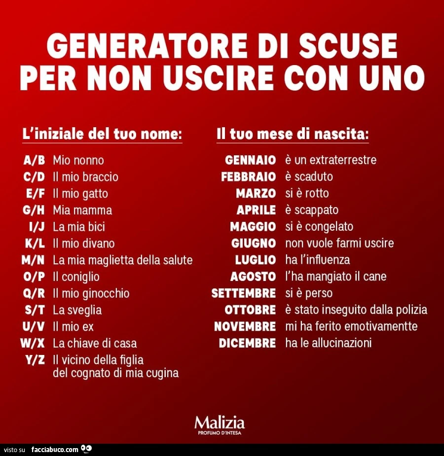 Generatore di scuse per non uscire con uno