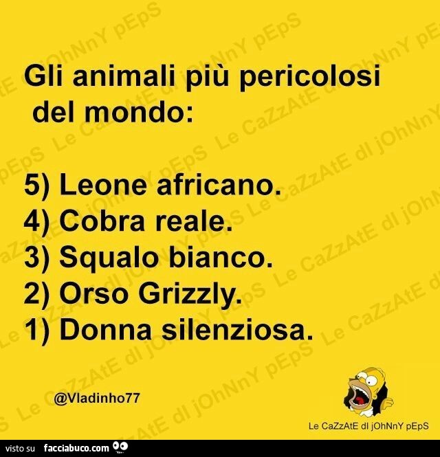 Gli animali più pericolosi del mondo: 5 leone africano. 4 cobra reale. 3 squalo bianco. 2 orso grizzly. 1 donna silenziosa